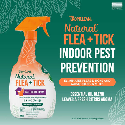 TropiClean Flea and Tick Treatment Spray for Cats & Home, Safely Treat, Prevent & Control by Contact, Powerful & Natural Defense, USA Made, 32oz