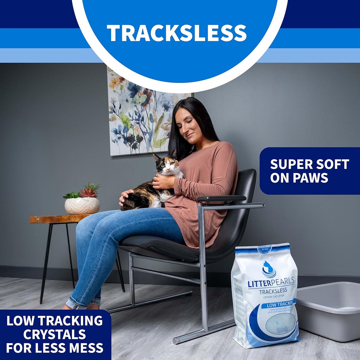 Litter Pearls Tracksless Unscented Non-Clumping Crystal Cat Litter with Odorbond, 7 lb, White, Clear and Blue Crystals