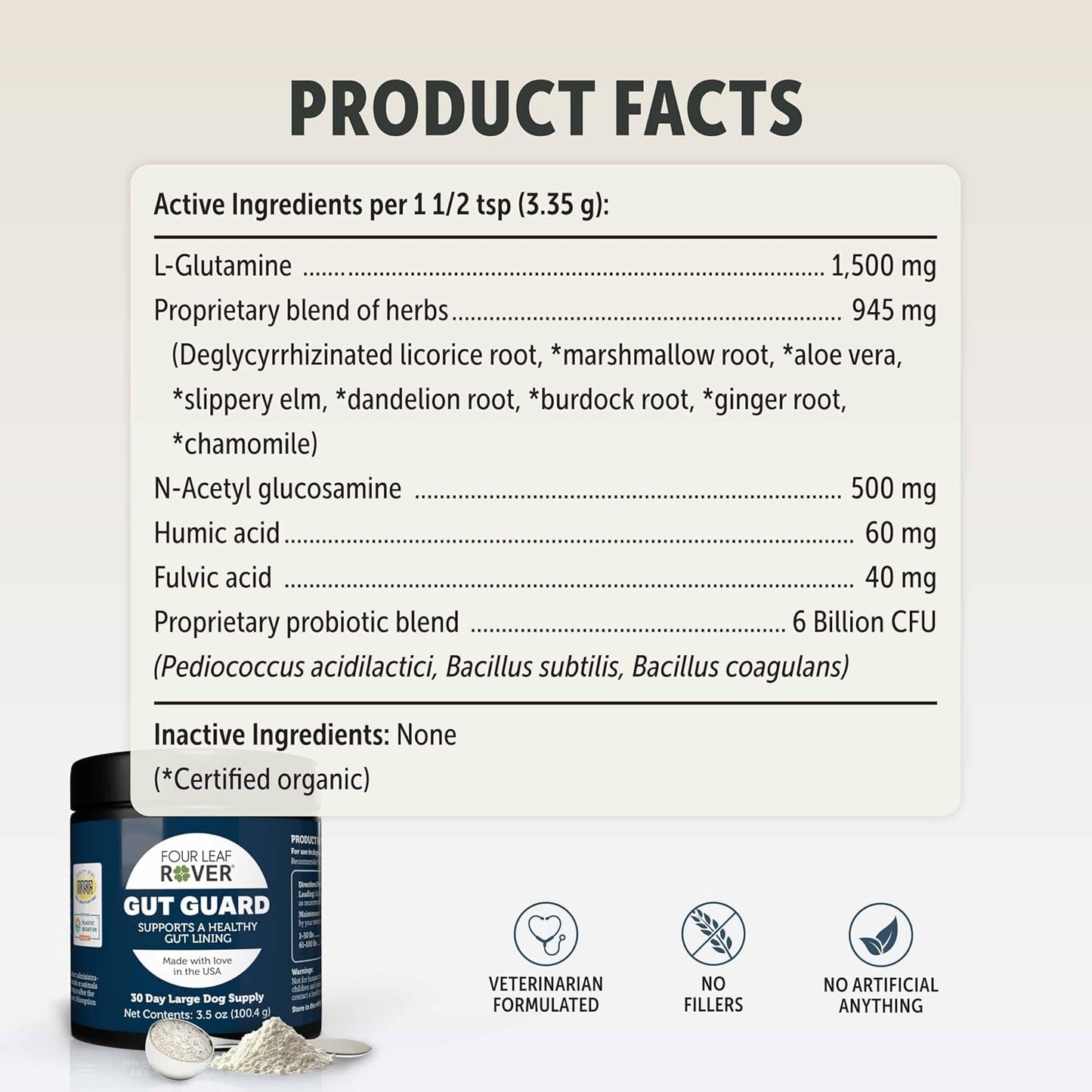 Four Leaf Rover Gut Guard - Dog Probiotics, Prebiotics, and Organic Herbs for Gut Health and Immune Support - Veterinarian Formulated - 30 Day Large Dog Supply