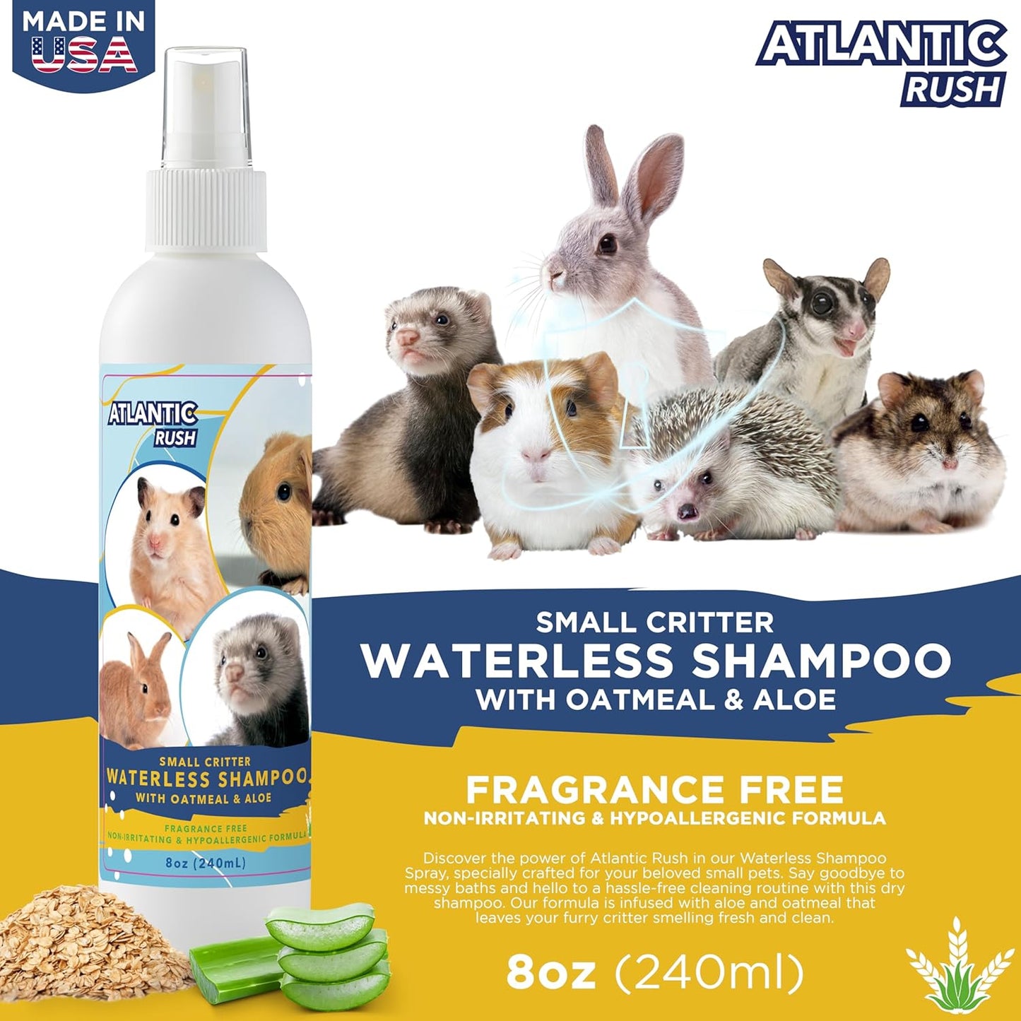 Waterless Shampoo for Small Critters - 8oz Cruelty Free Dry Shampoo - No Rinse for Pet Ferrets, Guinea Pigs, Hedgehogs, Sugar Gliders, Rabbits & Hamsters (8 oz, Fragrance Free)