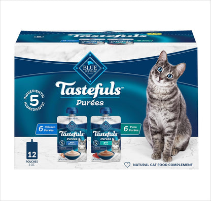 Blue Buffalo Tastefuls Purées Variety Pack, Natural Cat Food Complement, Resealable Twist Cap Pouches, Chicken and Tuna, 3-oz (12 Count, 6 of Each Flavor)
