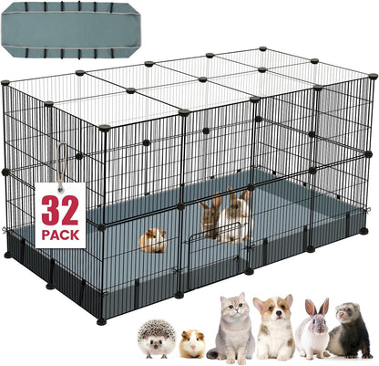32 Panels Small Animal Playpen,47.5" x 23.7" x 31.5" Pet Playpen with Upgrade Waterproof Mat,C&C Cage for Guinea Pigs, Rabbit/Bunny Cage, Bunny/Puppy Play Pen, Indoor Outdoor Portable Metal Fence