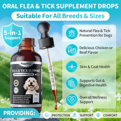 Flea and Tick Prevention Support for Dogs, Natural Flea Treatment Drops with Neem, Oregano for Puppy Oral Flea and Tick Treatment Supplement for All Breeds and Ages - Chicken Flavor, 2 FL.Oz