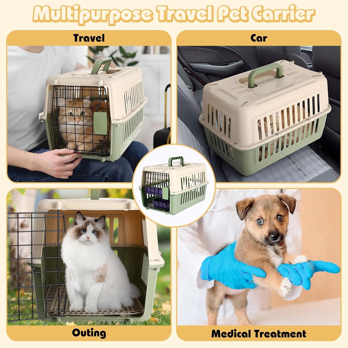2 Set Travel Pet Carrier Small Plastic Hard Cat Dog Carrier with Bowl Wire Door and Grille Mat Breathable Portable Puppy Kennel for Walking Camping Veterinary Visits (Green White)