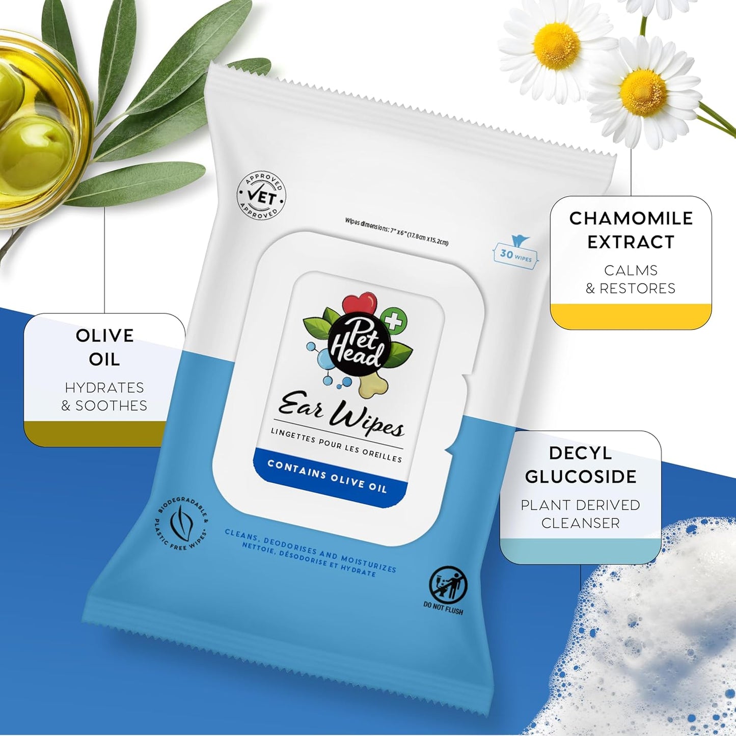 Pet Head Health Ear Wipes for Cats and Dogs | Fragrance-Free | Cleans, Deodorizes and Moisturizes | Removes Dirt, Wax, Discharge, and Debris | Biodegradable and Plant-Based Dog Ear Cleaner | 30 Wipes
