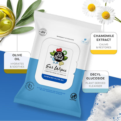 Pet Head Health Ear Wipes for Cats and Dogs | Fragrance-Free | Cleans, Deodorizes and Moisturizes | Removes Dirt, Wax, Discharge, and Debris | Biodegradable and Plant-Based Dog Ear Cleaner | 30 Wipes