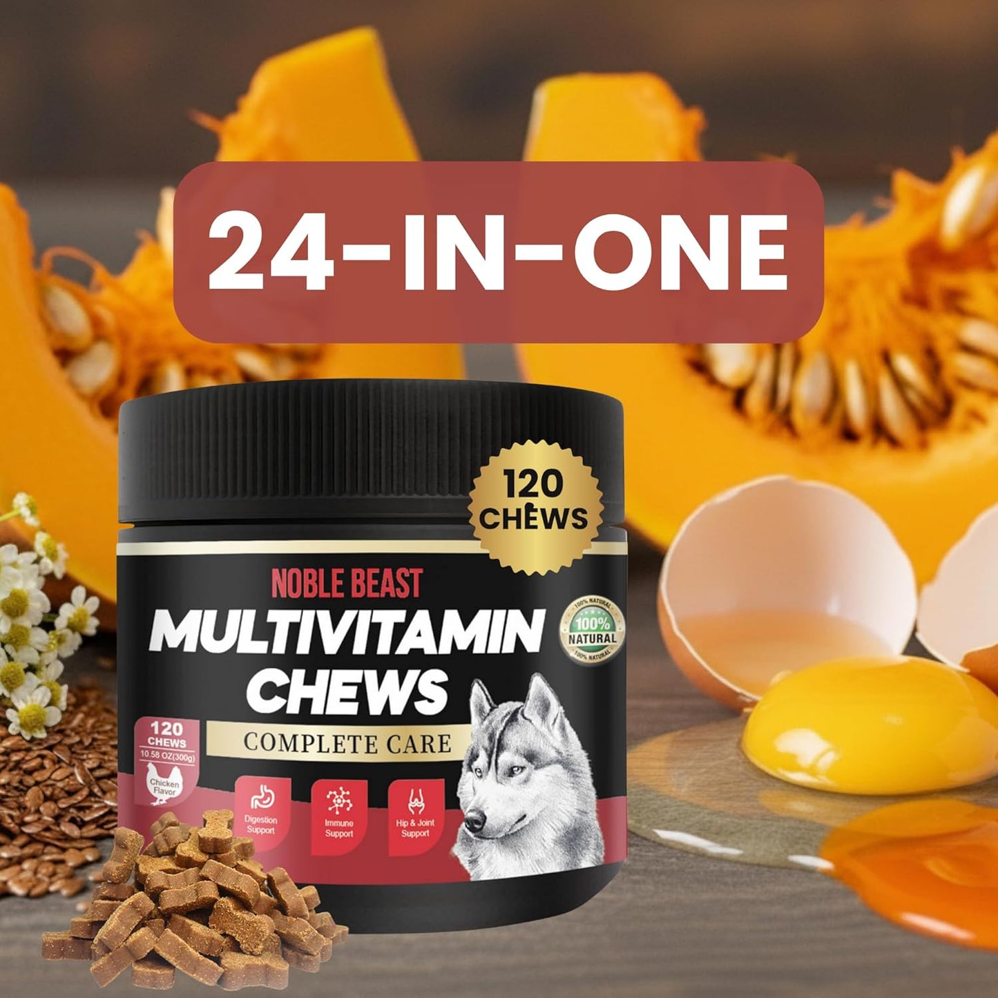 Noble Beast Dog Multivitamin Supplements, Soft Chews with Probiotics, Glucosamine Chondroitin Joint Support, Digestive Enzymes, Immune Support Vitamins for Skin & Coat, Chicken Flavor - 120 Count