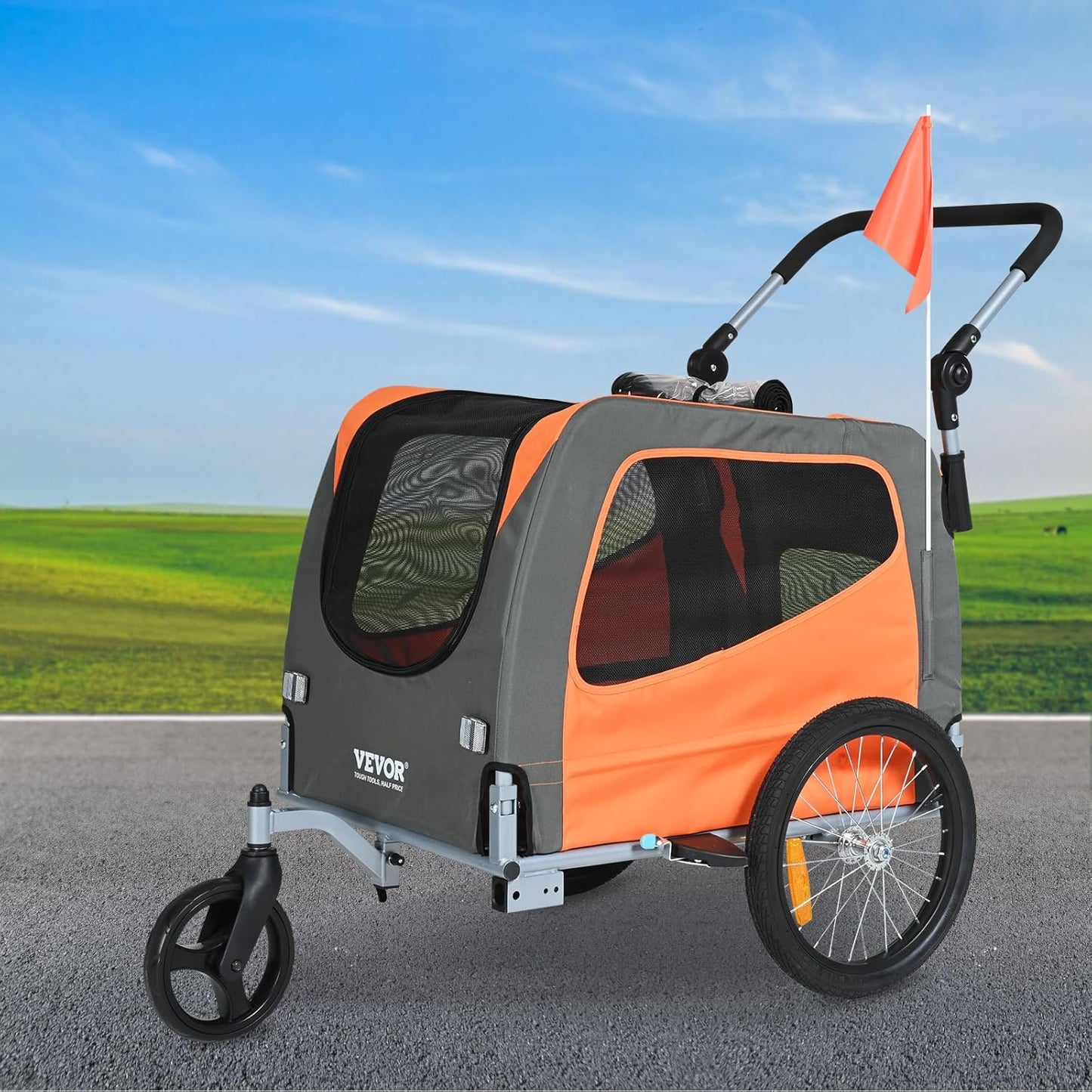 VEVOR Dog Bike Trailer, Supports up to 66/88/100 lbs, 2-in-1 Pet Stroller Cart Bicycle Carrier, Easy Folding Cart Frame with Quick Release Wheels, Universal Bicycle Coupler, Reflectors, Flag