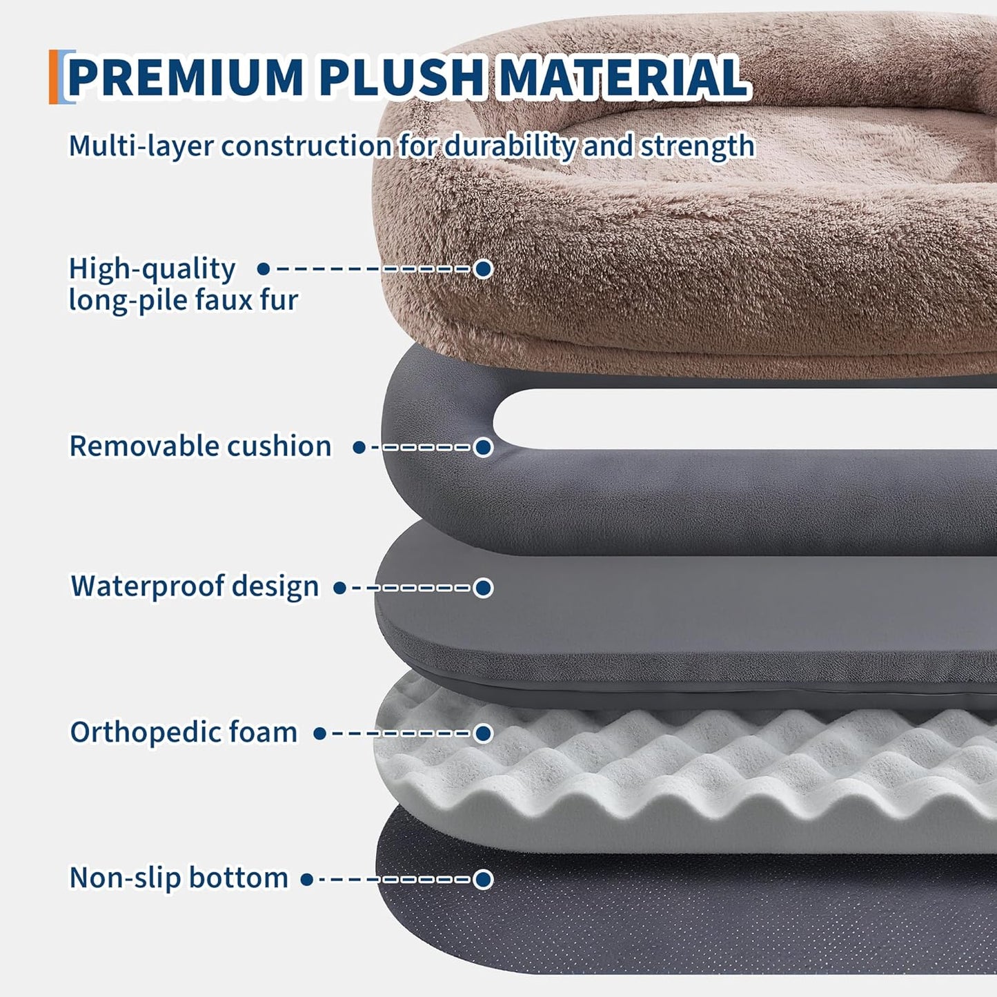 67 in x43 in x8 in Human Dog Bed for Adult & Pets, Faux Fur Removable Human Dogs Bed with Pillow, Portable Handle, Side Pocket, Egg Orthopedic Foam, Large Dog Beds for Bedroom Living Room Office Brown