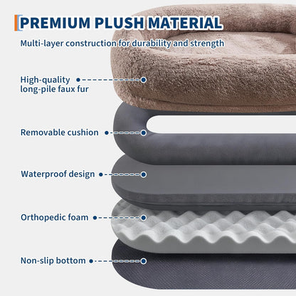 67 in x43 in x8 in Human Dog Bed for Adult & Pets, Faux Fur Removable Human Dogs Bed with Pillow, Portable Handle, Side Pocket, Egg Orthopedic Foam, Large Dog Beds for Bedroom Living Room Office Brown