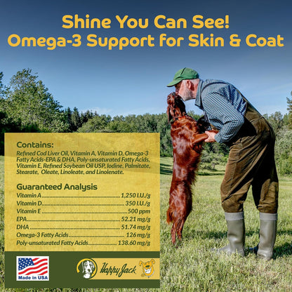 Happy Jack Cod Liver Fish Oil for Dogs Skin and Coat Supplement, Brain, Eyes, Bones, Hip, Joint, Heart & Immune System Health, Energy Booster (16 oz), Omega 3 with EPA & DHA, Vitamin A & D