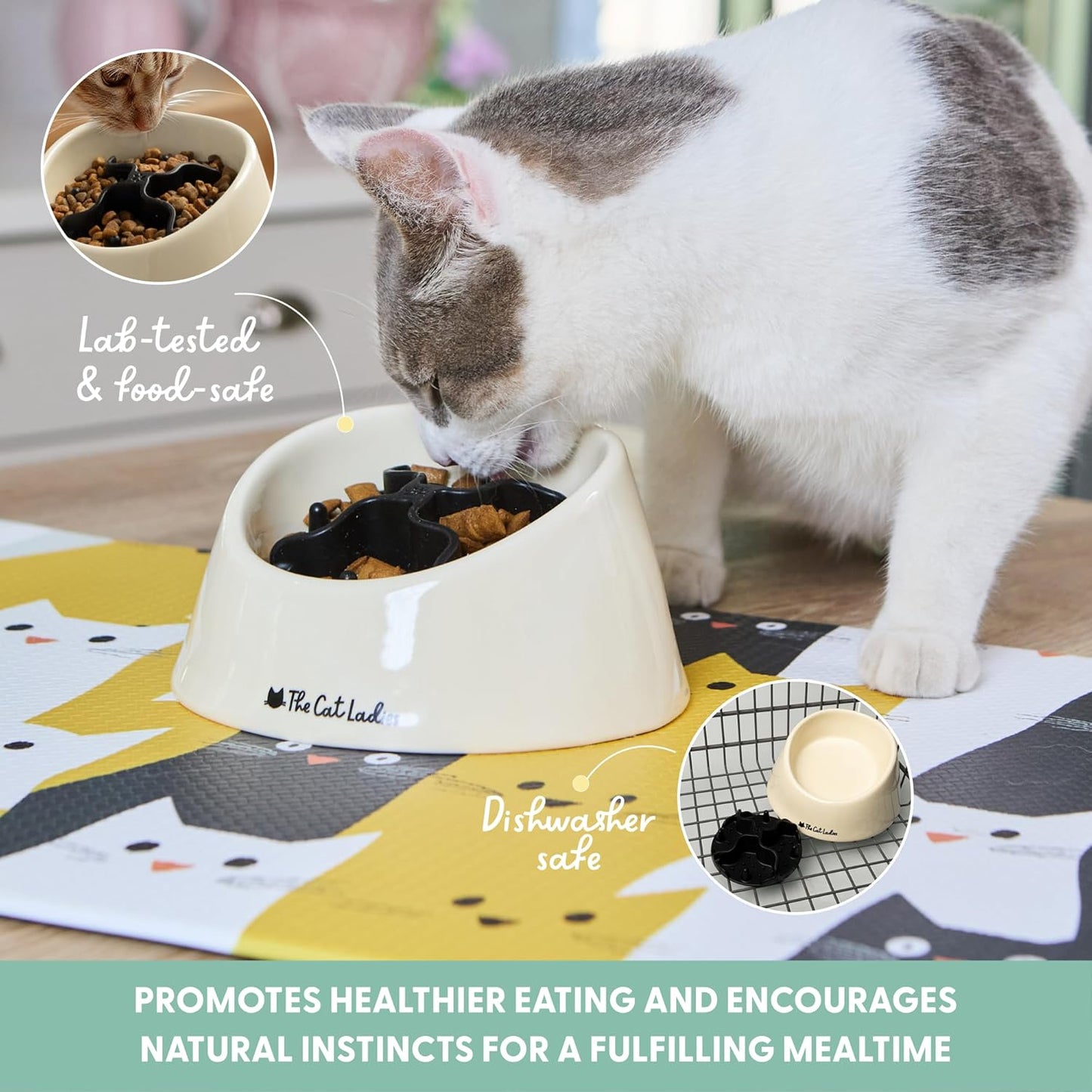 The Cat Ladies Slow Feeder - Healthy Feeding Bowl with Two Silicone Inserts - Help Pets Eat Slower - Control Eating Pace for Better Digestion - Feed Bowls Set for Dogs or Cats
