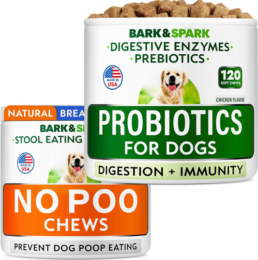 No Poo Chews + Dog Probiotics for Digestive Health Bundle - Diarrhea, Gas Treatment, Upset Stomach Relief - Allergy & Itchy Skin - Digestive Enzymes & Breath Aid Support - Digestion Supplement Treat