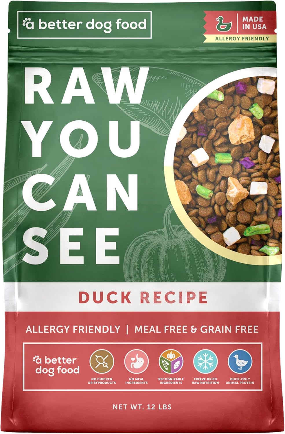 A Better Treat | Allergy Friendly Duck Dry Dog Food | Raw You Can See | No Chicken, Duck Only Animal Protein, No Meal Ingredients, Grain Free | Stomach Soothing Kibble + Freeze Dried Raw Dog Food