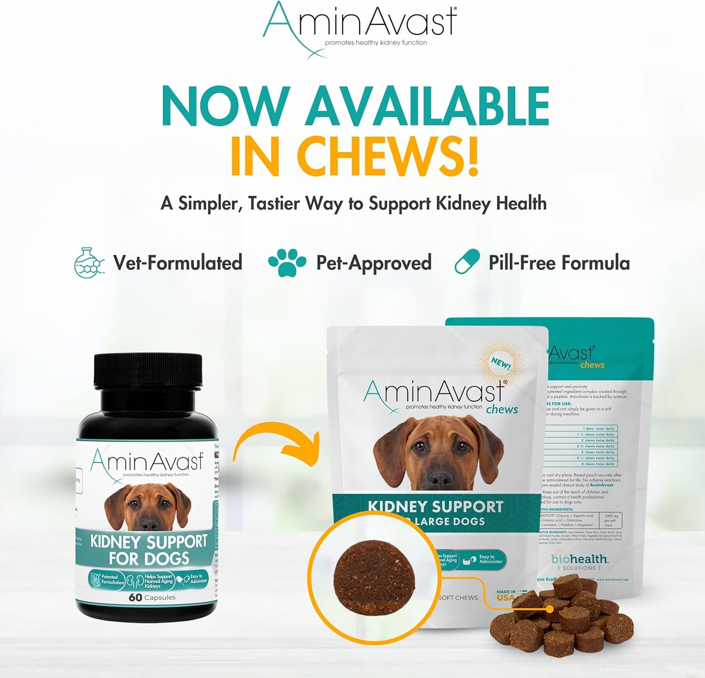 AminAvast Dog Kidney Supplement - Supports Natural Kidney Function - Promotes Health & Vitality of Aging Kidneys - Pet-Friendly, 1000mg, 60 Capsules.