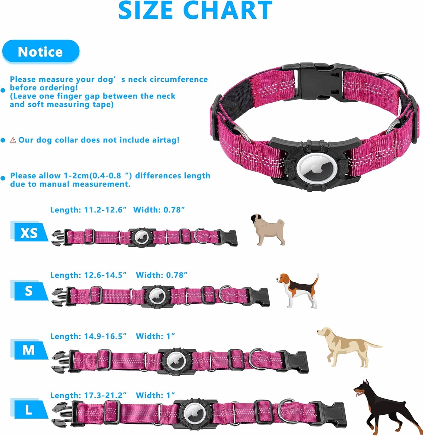 Airtag Dog Collar, Upgraded Reflective Airtag Dog Collar Holder, Heavy Duty Pet Collar with Airtag Holder, Adjustable Nylon Puppy Collars for Small Medium Large Dogs(S(12.6’’-14.5’’), Rose red)