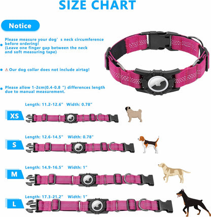 Airtag Dog Collar, Upgraded Reflective Airtag Dog Collar Holder, Heavy Duty Pet Collar with Airtag Holder, Adjustable Nylon Puppy Collars for Small Medium Large Dogs(S(12.6’’-14.5’’), Rose red)