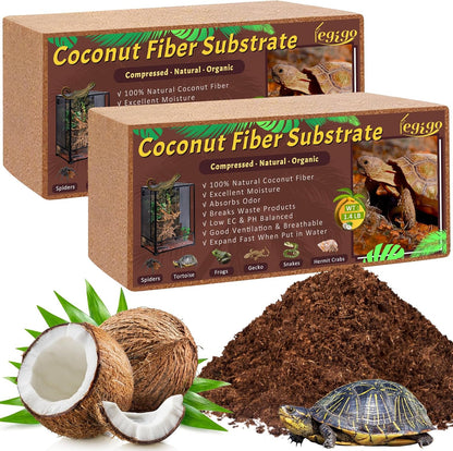 Legigo 2 Pack Compressed Coconut Fiber Substrate - 100% Organic Coconut Fiber Brick Bedding for Reptiles, Natural Coco Husk Substrate Terrarium Bedding for Snake, Hermit Crabs, Frogs, Tortoise, Gecko