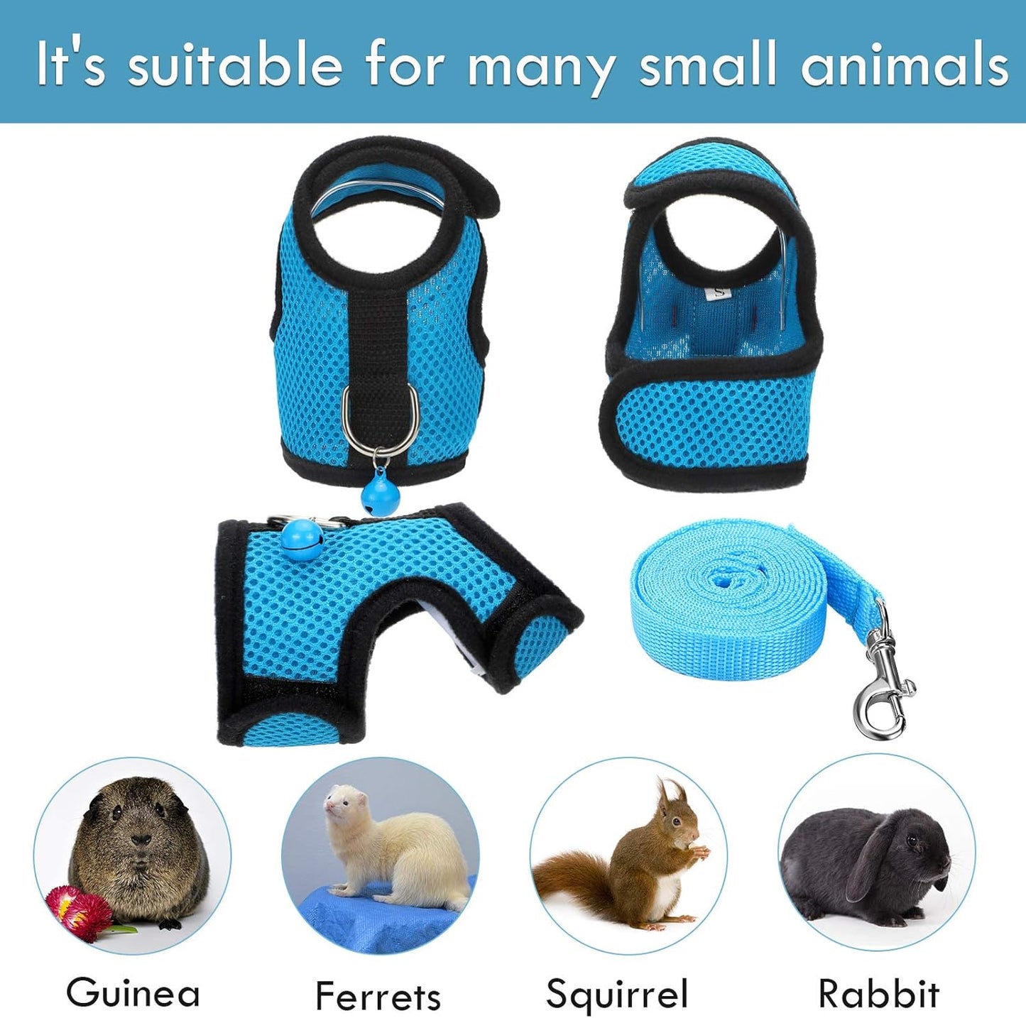 SATINIOR 2 Pieces Guinea Pig Clothes Baby Ferret Rats Hamster Soft Mesh Harness Leash Vest Set with Bell for Guinea Pigs, Hamster, Ferret, Rabbit, Chinchilla and Similar Small Animals (Blue, Black,S)