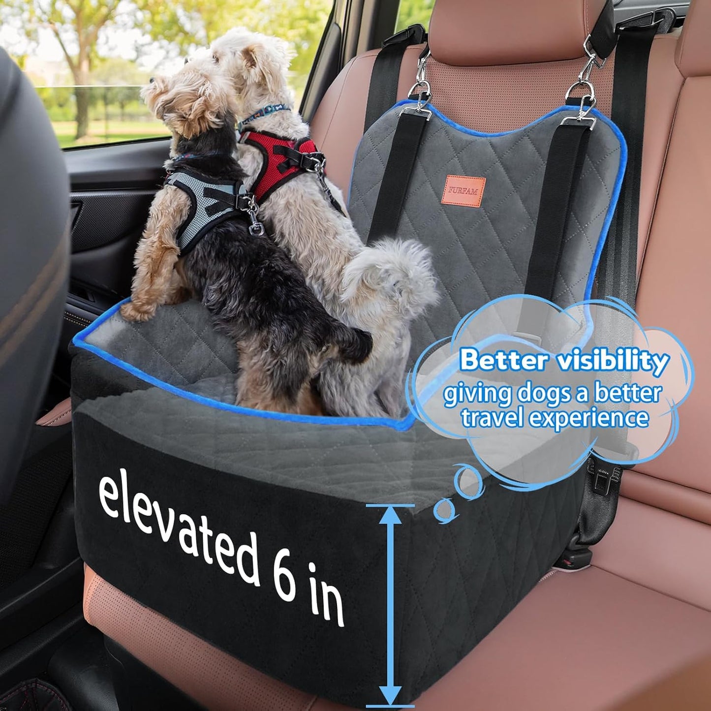 Elevated Dog Car Seat, Booster Car Seat for Small/Medium Sized Dog Fits in Front/Back Seat, 6 Inch Memory Foam, 3 Storage Pockets & 3 Safety Belts, Detachable Washable Puppy Carrier for Travel