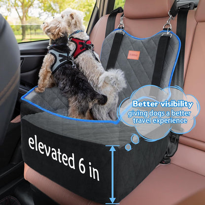Elevated Dog Car Seat, Booster Car Seat for Small/Medium Sized Dog Fits in Front/Back Seat, 6 Inch Memory Foam, 3 Storage Pockets & 3 Safety Belts, Detachable Washable Puppy Carrier for Travel