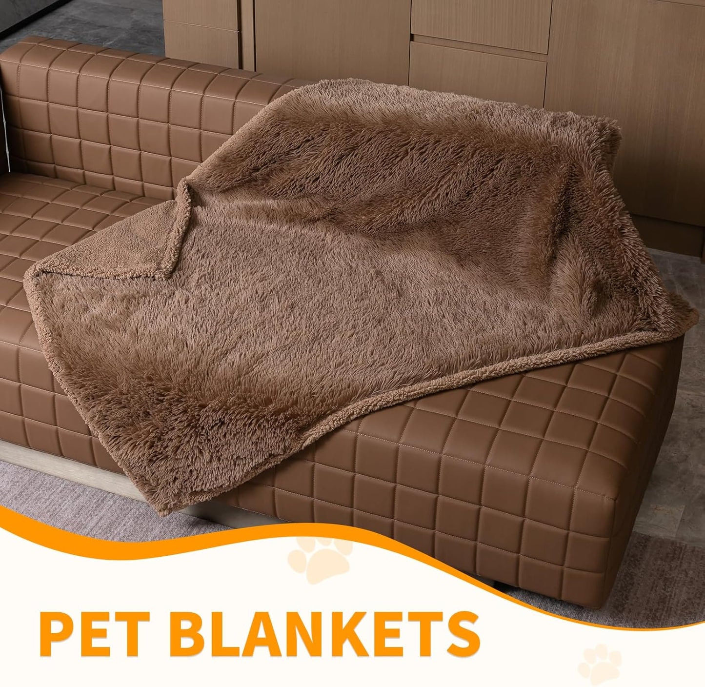 Winter Brown Waterproof Calming Pet Blankets for Dogs Waterproof Long Faux Fur Fluffy Blanket for Doggie Cats Sherpa Fleece Warm Couch Sofa Beds Covers(Brown,L-65x57in)