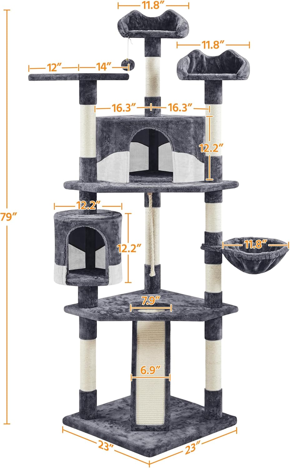 Yaheetech 79in Multi-Level Cat Trees Indoor Cat Tower with Sisal-Covered Scratching Posts, Plush Perches and Condo for Kittens, Cats and Pets - Dark Gray and White