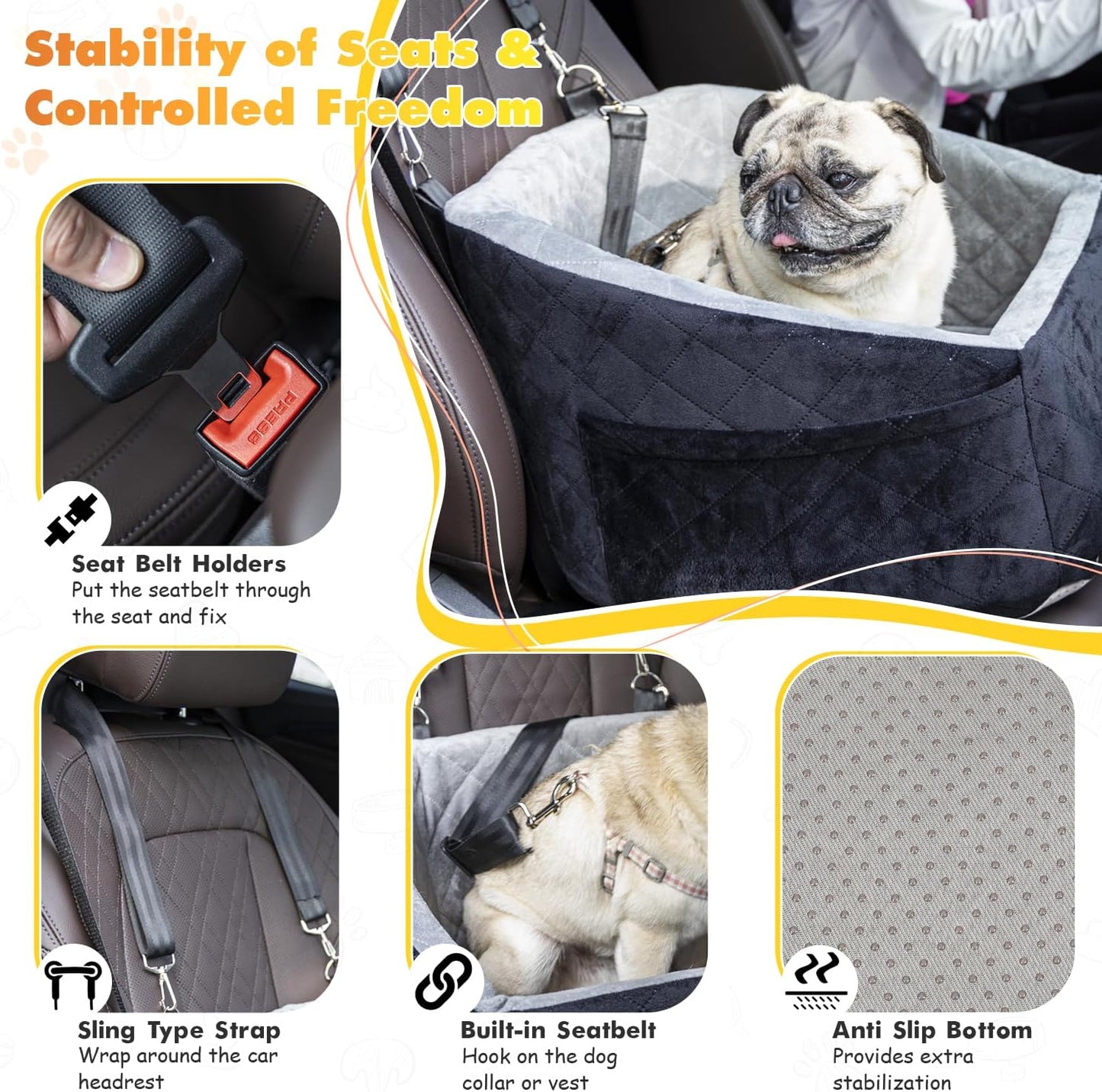 Dog Car Seat for Small Medium Dogs Under 30lbs Pet Booster Seat with Safety Leash and Storage Pockets Detachable Washable Puppy Car Seat Travel Bed to Front Backseat (Black&Grey)