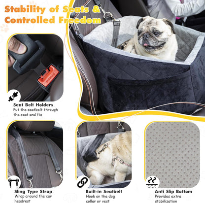Dog Car Seat for Small Medium Dogs Under 30lbs Pet Booster Seat with Safety Leash and Storage Pockets Detachable Washable Puppy Car Seat Travel Bed to Front Backseat (Black&Grey)
