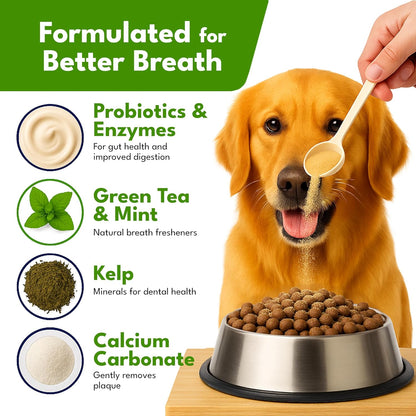 Pupzle Dog Teeth Cleaning Powder for Fresh Breath, Dog Dental Powder, Tartar & Plaque Focused, Natural Breath Freshener, Pet Dental Supplement with Probiotics for Gut Health, Mint, 60 Days Supply