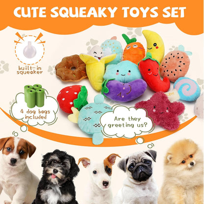 Cheerful 20-Pack Squeaky Dog Toys Set - Included 4 Dog Bags, Plush Puppy Toys with Irresistibly Cute Characters for Small Dogs, Interactive Dog Squeak Toys for Fun&Teeth Cleaning