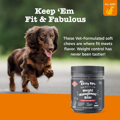 Zesty Paws Weight Management Bites for Dogs - Veterinarian Formulated - Metabolism & Appetite Control - L-Carnitine, Fiber, Postbiotics & B Vitamins - Healthy Weight Dog Supplement - 90 Count