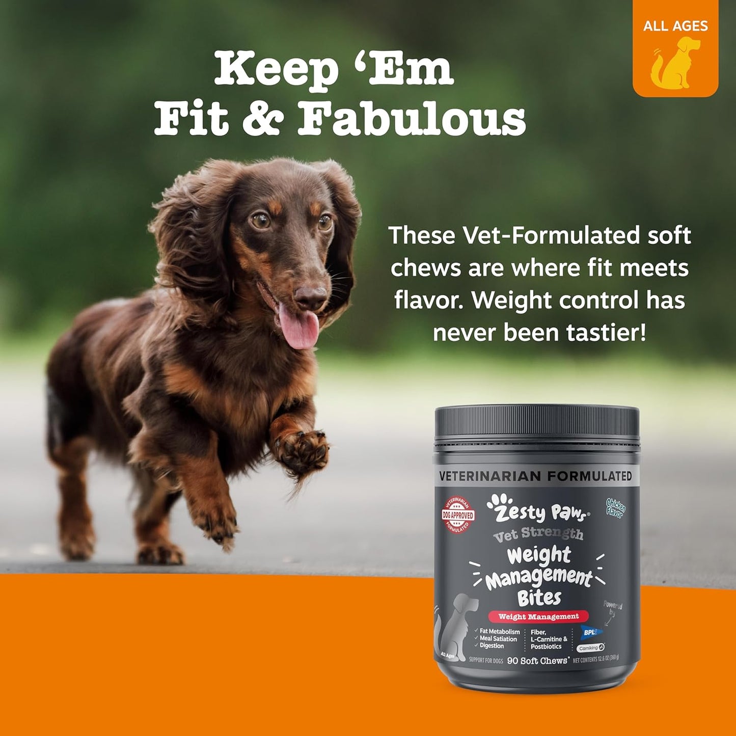 Zesty Paws Weight Management Bites for Dogs - Veterinarian Formulated - Metabolism & Appetite Control - L-Carnitine, Fiber, Postbiotics & B Vitamins - Healthy Weight Dog Supplement - 90 Count