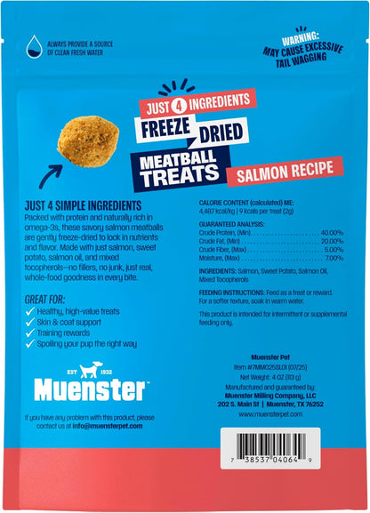 Muenster New 4 Ingredient Freeze Dried Salmon Meatball Treats for Dogs - Great for Training, Meal Toppers or Just for a Treat. 4 Ounce (Pack of 1)