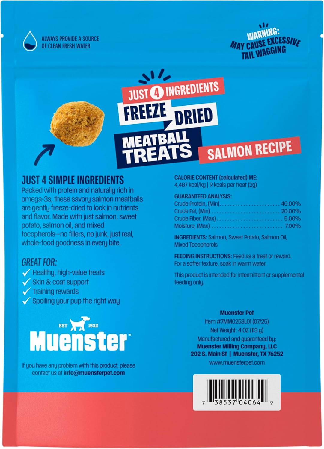 Muenster New 4 Ingredient Freeze Dried Salmon Meatball Treats for Dogs - Great for Training, Meal Toppers or Just for a Treat. 4 Ounce (Pack of 1)