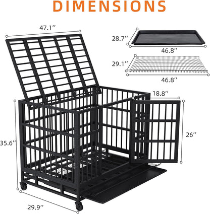 Shintenchi 48 inch Heavy Duty Crates for Large Dog, Indestructible and Escape-Proof Cage Kennel with Lockable Wheels, Double Door High Anxiety with Removable Tray, Black