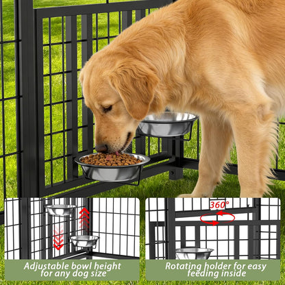 LOVMOR Outdoor Dog Kennel with Roof, Heavy Duty Steel Dog Run Enclosure for Large Dogs, Waterproof Canopy, Double Latch Door, Adjustable Feeding Bowls, Pet Pen for Yard and Patio, 10’L x 10’W x 6.5’H