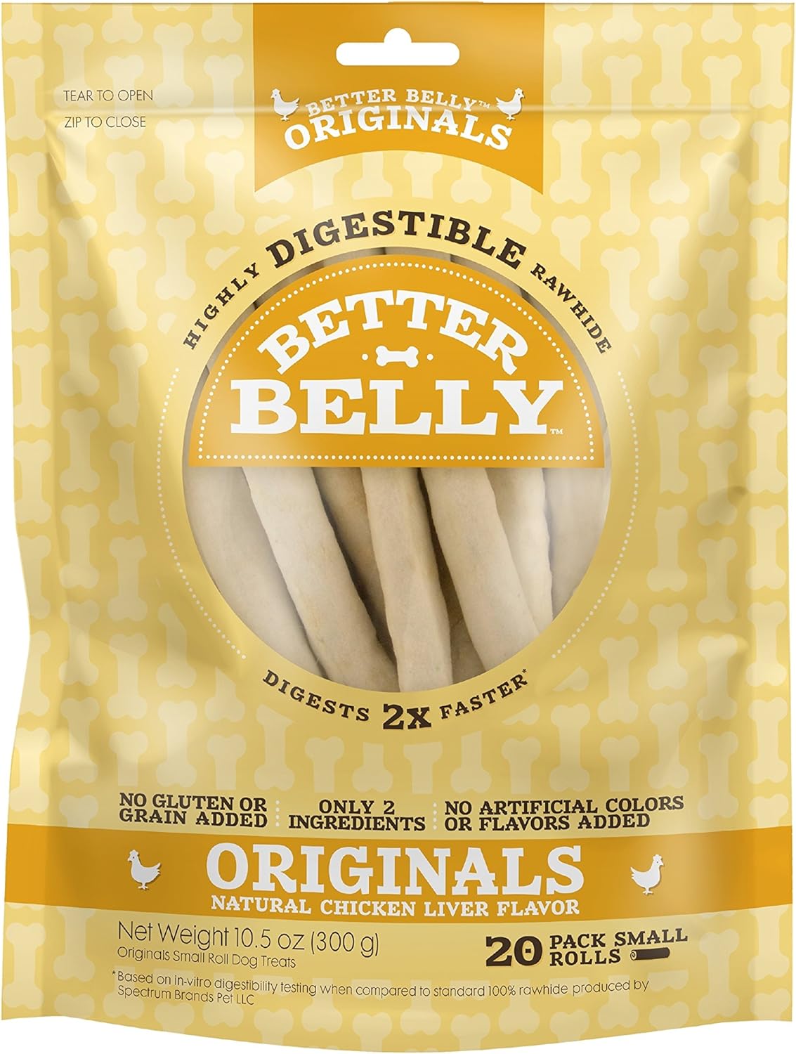 Better Belly Originals Natural Chicken Liver Flavor Small Rolls 20 Count, Highly Digestible Rawhide