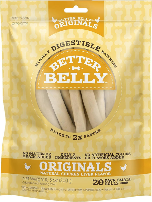 Better Belly Originals Natural Chicken Liver Flavor Small Rolls 20 Count, Highly Digestible Rawhide