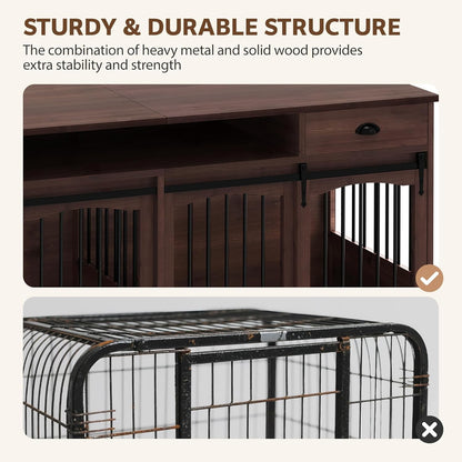 70.86" Double Dog Crate Furniture with Storage for 2 Medium Large Dogs Farmhouse Wooden Dog Kennel Furniture with 2 Sliding Doors Divider & Power Outlets Decorative Dog Cage TV Stand, Brown