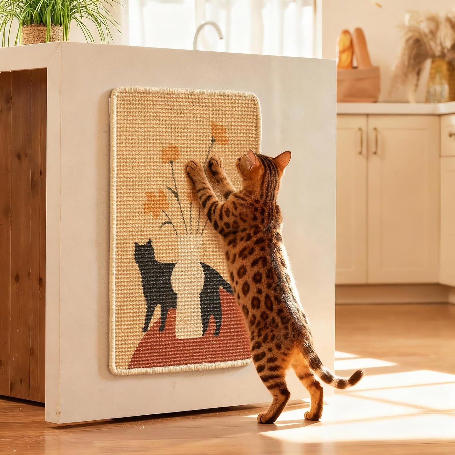 FUKUMARU Sisal Cat Scratching Mat, 23.6 x 15.7 Inch Natural Sisal Cat Scratch Pad Mats for Indoor Cats, Horizontal Cats Wall Scratcher Kitten Floor Rug with Sticky Tapes, Furniture Protector(Flower)