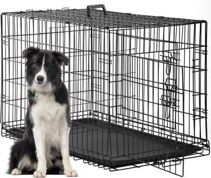 FDW Dog Crate for Large Dogs 48 Inch Folding Metal WirePet Cage Double Door W/Divider Panel Indoor Outdoor Kennel Leak-Proof Plastic Tray,Black