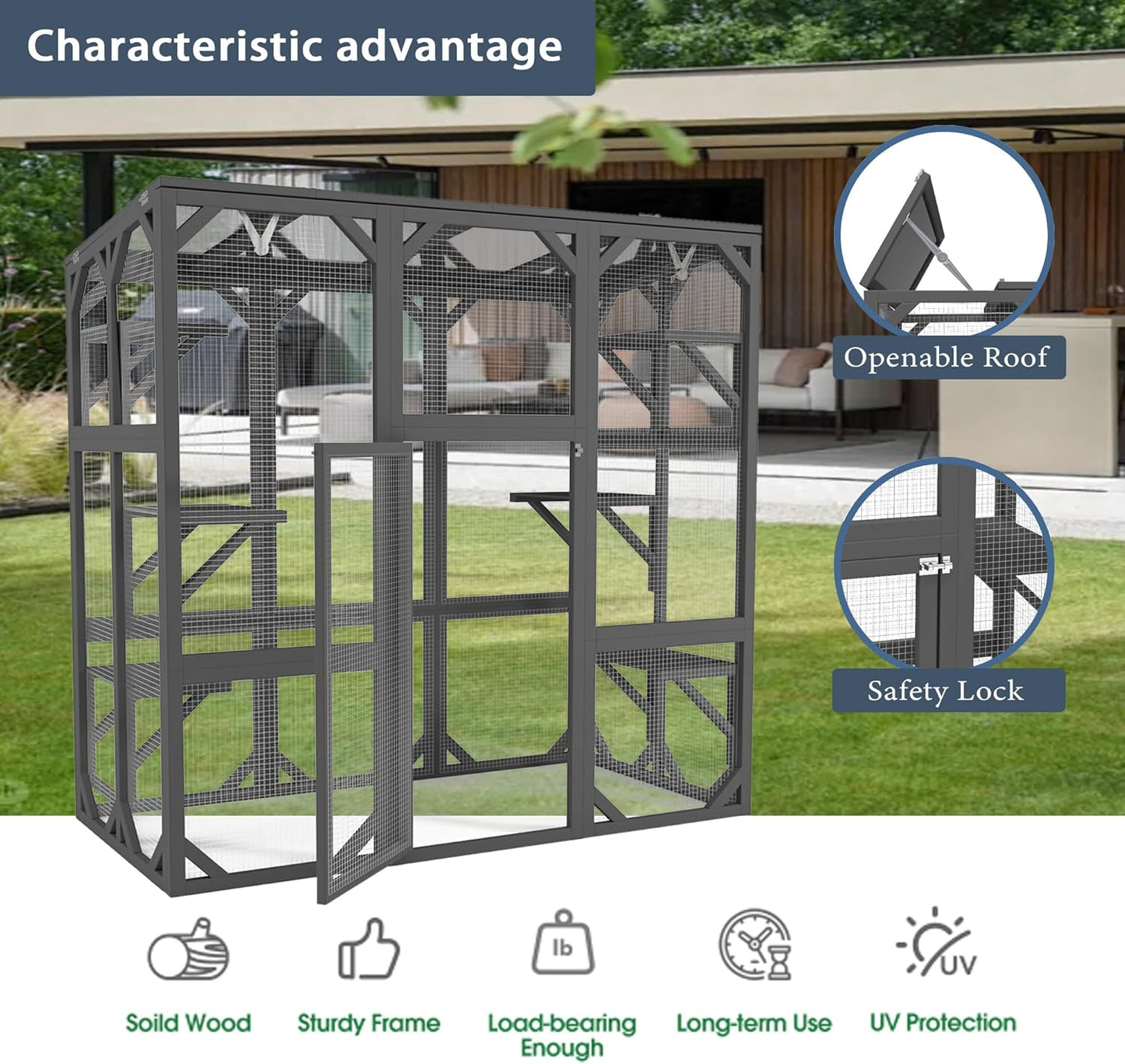 Ball & Cast 59" Wooden Catio Enclosure Outdoor Cat House with Anti-UV& Waterproof, Platforms and Resting Boxes Walk-in Cat Kennel Shelter for Indoor,Dark Grey