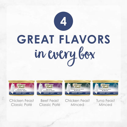 Purina Fancy Feast High Protein Senior Wet Cat Food Variety Pack, Senior 7+ Chicken, Beef & Tuna Feasts - (2 Packs of 12) 3 oz. Cans