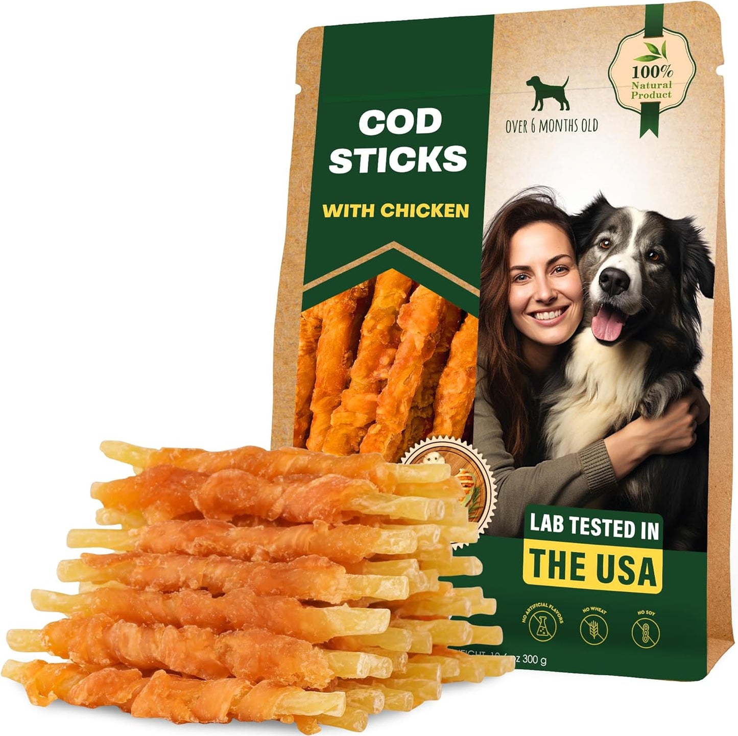 Beloved Pets Dog Treats Rawhide - Free Cod Sticks Chicken Wrapped 10.6 oz - All Natural & Grain Free Long Lasting Chews for Large & Small Dogs - Dried Pet Snacks - Support Healthy Teeth & Skin Coat