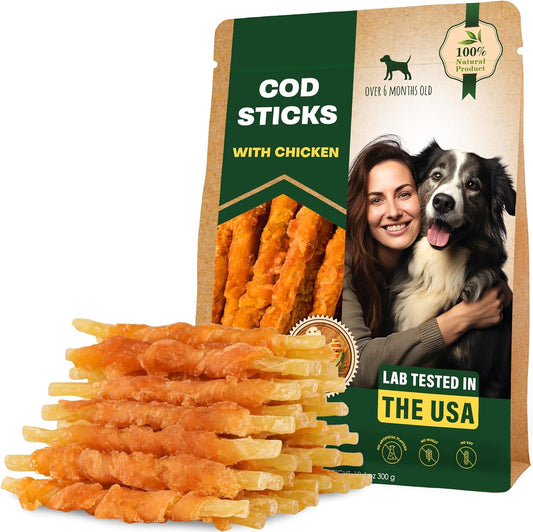 Beloved Pets Dog Treats Rawhide - Free Cod Sticks Chicken Wrapped 10.6 oz - All Natural & Grain Free Long Lasting Chews for Large & Small Dogs - Dried Pet Snacks - Support Healthy Teeth & Skin Coat
