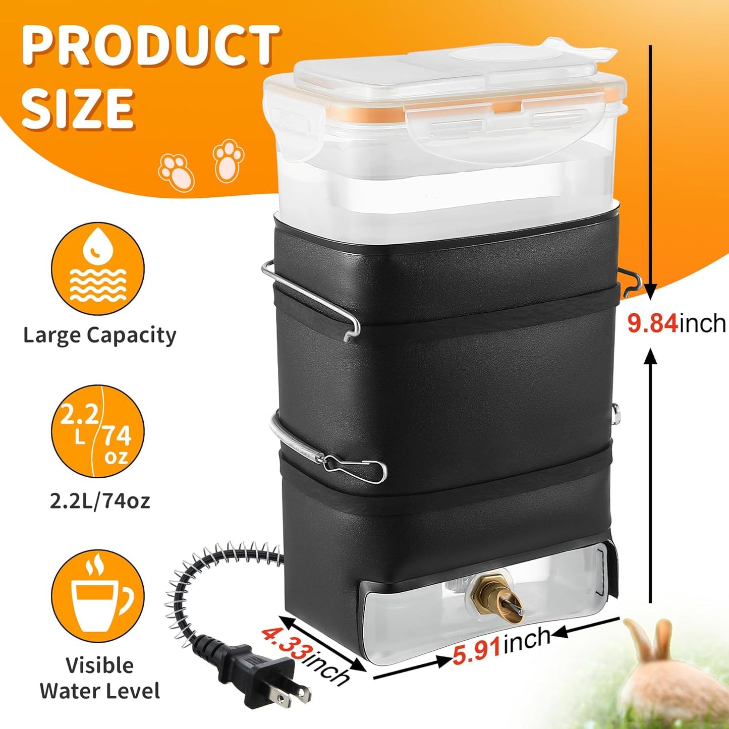 4 Pack 74 oz Heated Rabbit Water Bottle, Large Rabbit Water Dispenser No Drip, Bunny Bottle, Heated Small Animal Drinker for Pets, Rabbits, Guinea Pigs, Hamster, Ferrets, Birds, Mouse, Rats