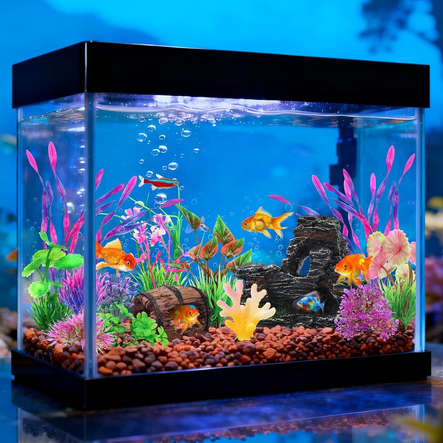 15 Pcs Aquarium Artificial Plastic Plants Decorations and Resin Barrel and Coral Rock Cave Set, Fish Tank Accessories Hideout Ornaments Aquarium Decor Set