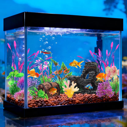 15 Pcs Aquarium Artificial Plastic Plants Decorations and Resin Barrel and Coral Rock Cave Set, Fish Tank Accessories Hideout Ornaments Aquarium Decor Set