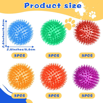 18 Pcs Squeaky Dog Toy Balls, 2.5 Inch Bulk Durable Spikey Dog Balls 6 Colors Puppy Chew Toys for Small Medium Large Dogs Clean Teeth and Training